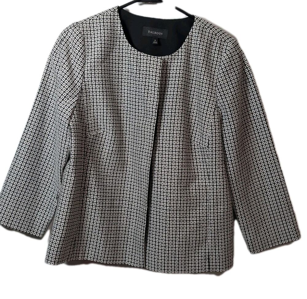 Talbots Jacket Blazer Top Women's Size 8 Black White Geometric 3/4 Sleeve NWOT